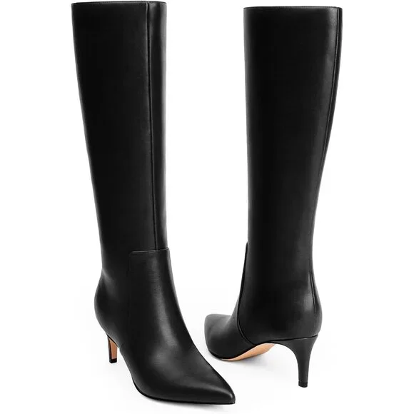 Women's Black 1 Tall Boots Pointed Toe Kitten Heel Side Zipper Knee High Boots